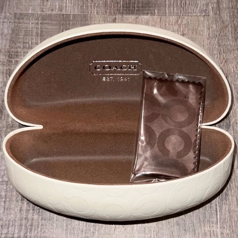 New Coach Embossed Cream and Brown Glasses Case & Microfiber Cleaning Cloth